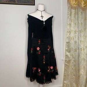 embroidered midi skirt with black lace hemline